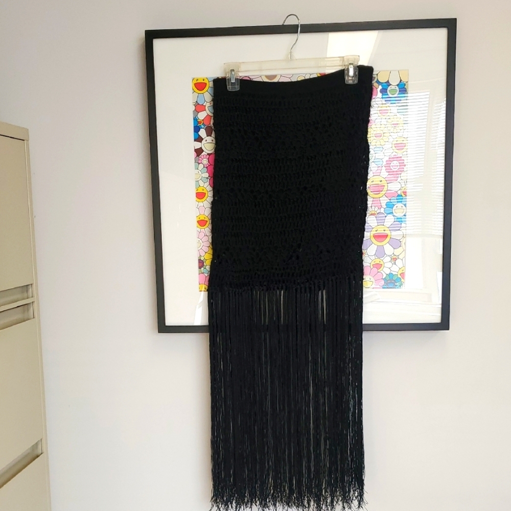 Elegant Black crochet knit  midi skirt with fringe.